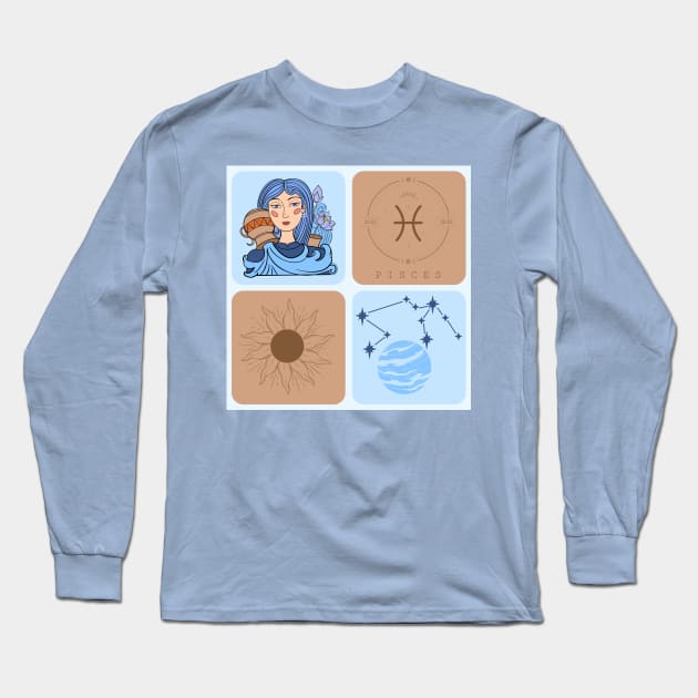 Hand Drawn Pattern Aquarius Zodiac Art Long Sleeve T-Shirt by i am Cuta